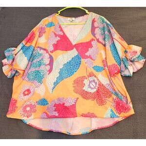 Umgee Large Top Floral Flutter Sleeve V-Neck‎ Faux Wrap Hi Low Pink Mango Boho
